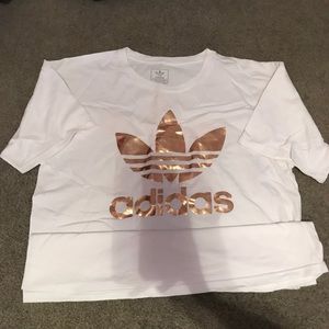 Adidas rose gold metallic logo white t shirt